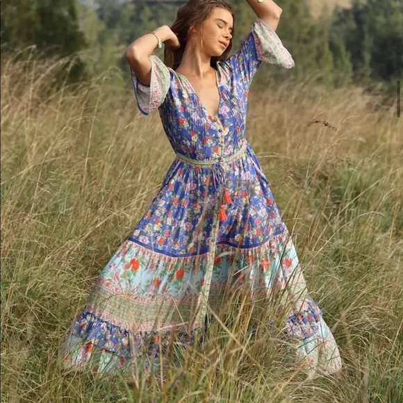 Red V Neck Boho Floral Gypsy Print Maxi Dress - Picture 11 of 16